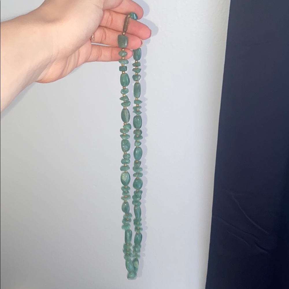 Vintage Long Green Gem Beaded Necklace with Gold Metal accents